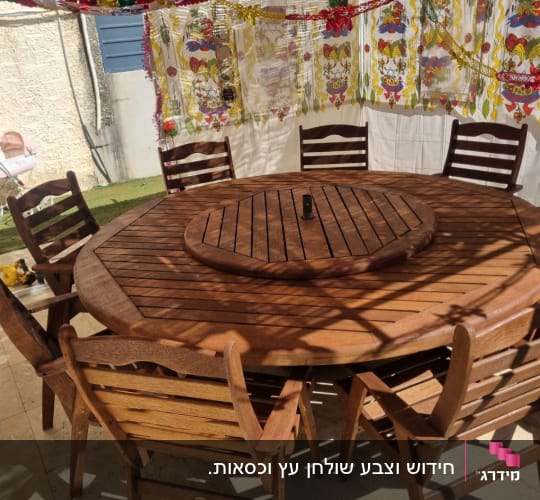 שולחן עץ עגול עם כיסאות תחת קישוטים צבעוניים